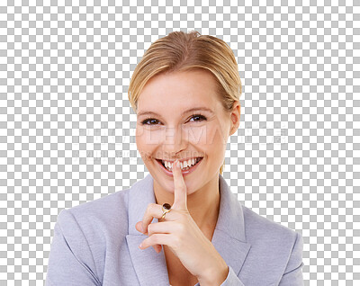 Buy stock photo Woman, face and finger on lips portrait for a secret, surprise or gossip with a smile. Happy female business person with hand sign for silence or confidential isolated on transparent, png background