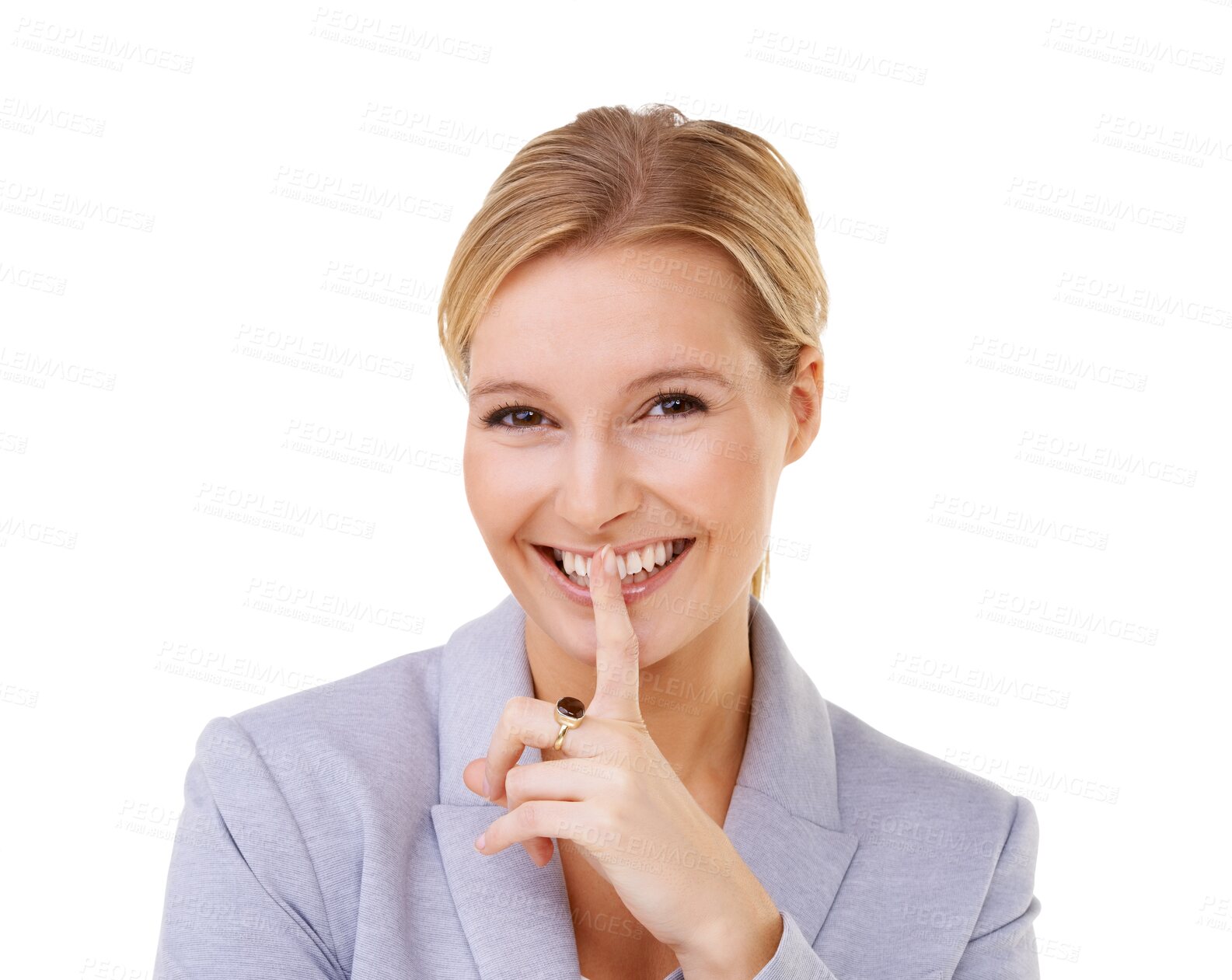 Buy stock photo Woman, face and finger on lips portrait for a secret, surprise or gossip with a smile. Happy female business person with hand sign for silence or confidential isolated on transparent, png background