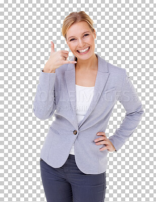 Buy stock photo Call me, portrait and hand of woman for business communication, customer service and support sign. Chat, contact and agent or corporate person with phone emoji isolated on transparent, png background