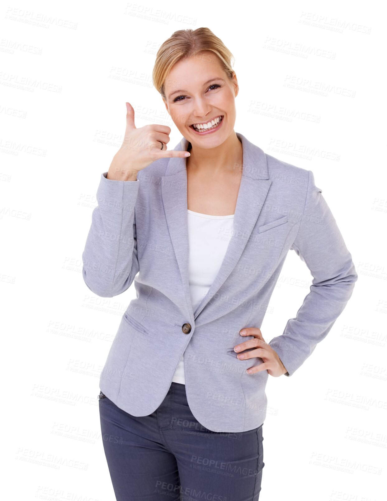 Buy stock photo Call me, portrait and hand of woman for business communication, customer service and support sign. Chat, contact and agent or corporate person with phone emoji isolated on transparent, png background