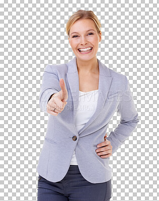 Buy stock photo Thank you, portrait of a businesswoman with her thumbs up and isolated against a transparent png background with a smile. Success or achievement, motivation and happy female person with hand emoji