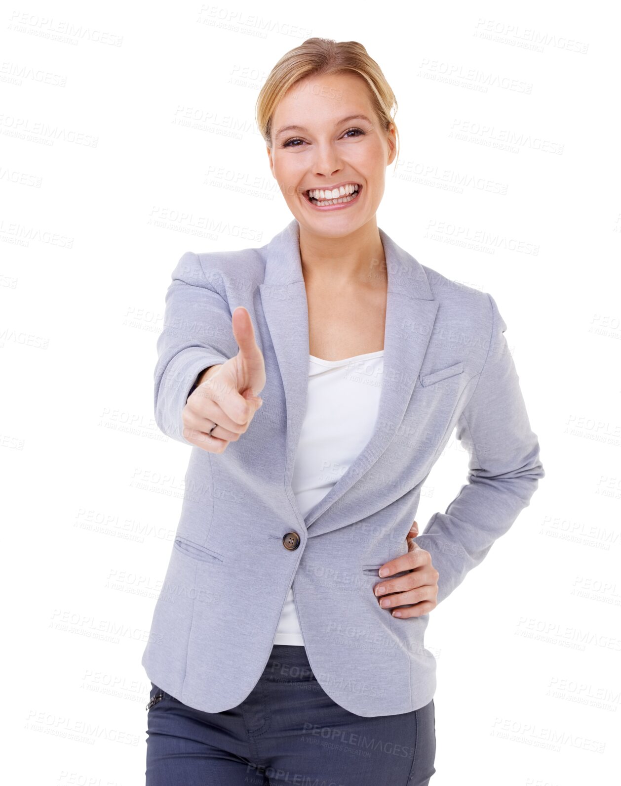 Buy stock photo Thank you, portrait of a businesswoman with her thumbs up and isolated against a transparent png background with a smile. Success or achievement, motivation and happy female person with hand emoji