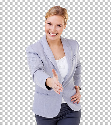 Buy stock photo Handshake, portrait and business woman offer, agreement or welcome isolated on transparent, png background. Happy corporate person shaking hands in pov meeting, deal success or career congratulations