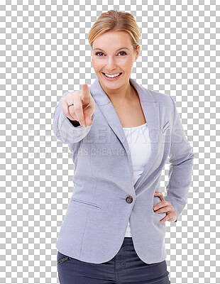 Buy stock photo Business, portrait and woman pointing for recruitment, choice and hiring opportunity on isolated, transparent or PNG background. Businesswoman, face or gesture at employee, employment or hr recruiter