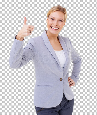 Buy stock photo Thank you, portrait of a woman with her thumbs up and isolated pose against a transparent png background. Agreement or success, achievement or winner and female person with hand like emoji.
