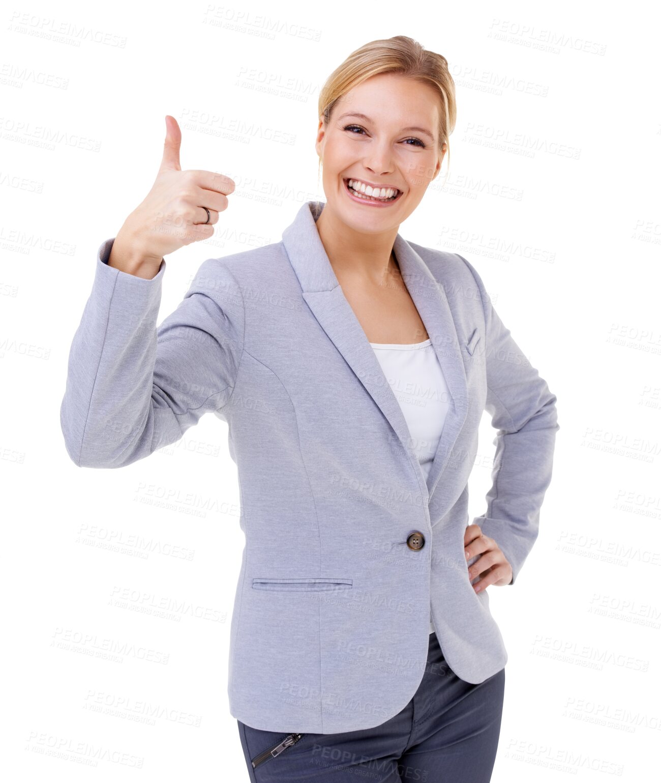 Buy stock photo Thank you, portrait of a woman with her thumbs up and isolated pose against a transparent png background. Agreement or success, achievement or winner and female person with hand like emoji.
