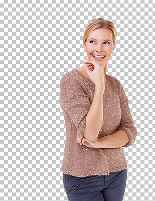 Buy stock photo Happy woman, thinking and idea for solution in problem solving standing isolated on a transparent PNG background. Curious female person or model in doubt, think or choice for decision, ideas or dream