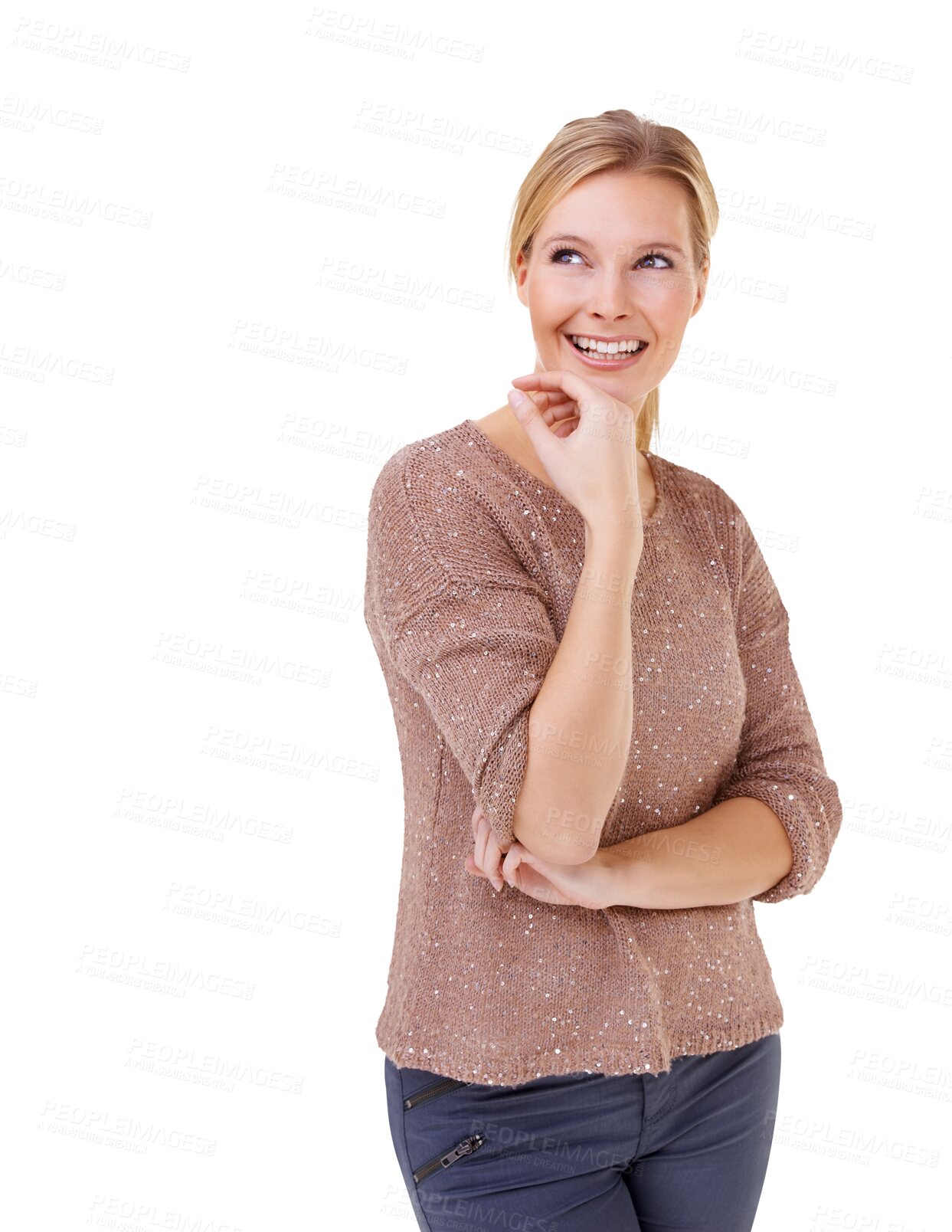 Buy stock photo Happy woman, thinking and idea for solution in problem solving standing isolated on a transparent PNG background. Curious female person or model in doubt, think or choice for decision, ideas or dream