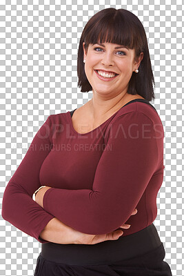 Buy stock photo Plus size, portrait and woman with arms crossed with happy, smile and confidence on isolated, transparent or PNG background. Girl, face and person with natural beauty, casual fashion to relax 