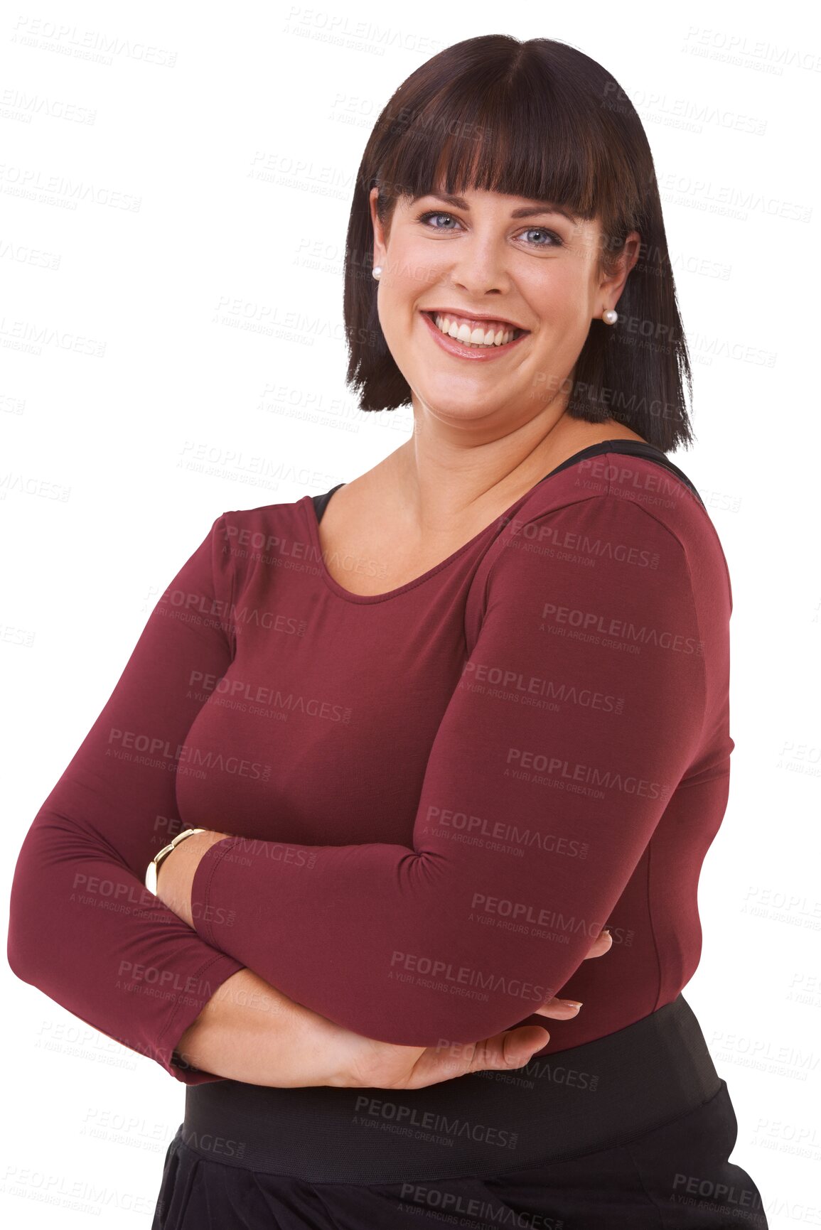 Buy stock photo Plus size, portrait and woman with arms crossed with happy, smile and confidence on isolated, transparent or PNG background. Girl, face and person with natural beauty, casual fashion to relax 