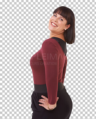 Buy stock photo Happy woman, portrait smile and plus size in confidence isolated on a transparent PNG background. Female person or model smiling in natural and casual clothing, fashion or style with hands on hips