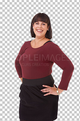 Buy stock photo Business, portrait and plus size woman with career confidence, professional fashion and natural style. Happy worker or pride of female person for empowerment isolated on transparent png background