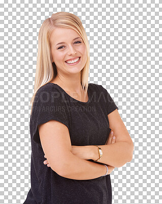 Buy stock photo Happiness, portrait and woman with arms crossed while isolated on transparent png background. Fashion, smile and confidence with stylish clothes, positive mindset and natural beauty with pride.
