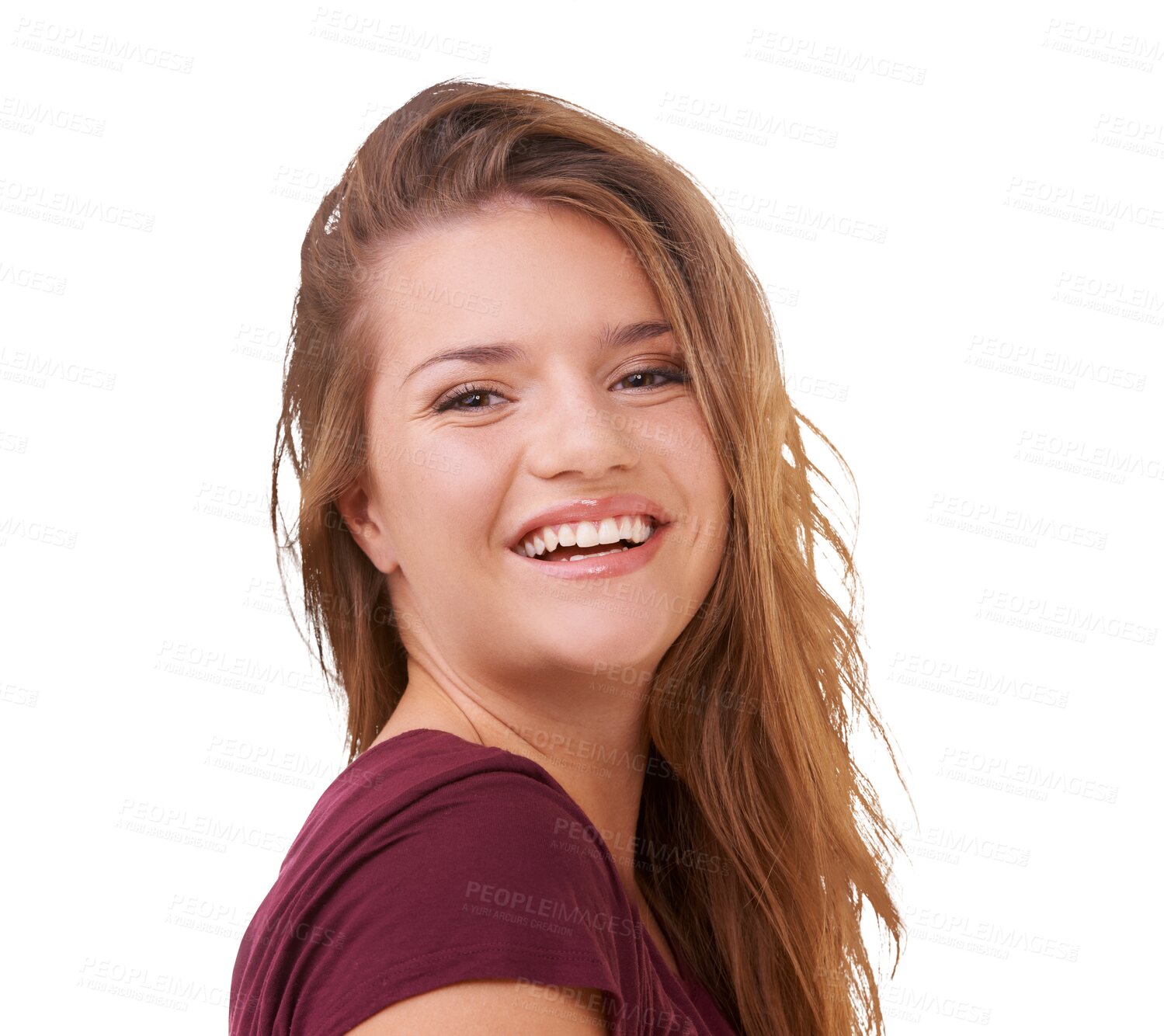 Buy stock photo Teenager, portrait and girl with natural beauty, confidence or smile on face on isolated, transparent or PNG background. Relax, happy university student or model woman with fashion and casual style