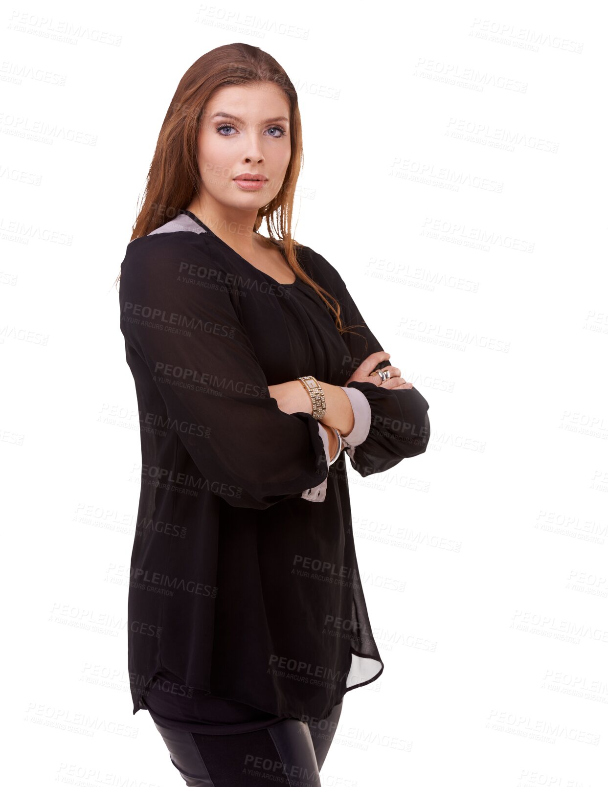 Buy stock photo Portrait, business woman and arms crossed for professional job, pride and serious fashion. Beautiful person or model from Europe in formal or elegant clothes isolated on transparent, png background