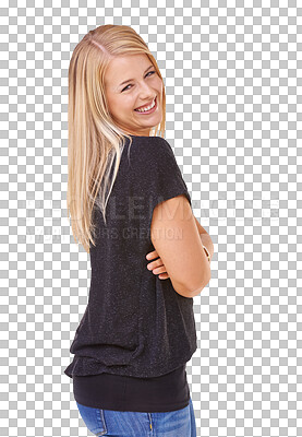 Buy stock photo Isolated woman, smile and portrait with arms crossed, comic laugh and trendy clothes by transparent png background. Girl, model or college student with casual fashion with youth, excited and natural