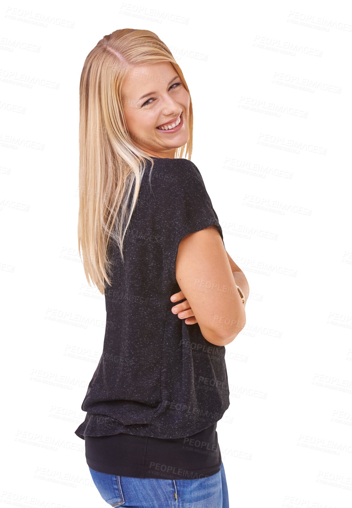 Buy stock photo Isolated woman, smile and portrait with arms crossed, comic laugh and trendy clothes by transparent png background. Girl, model or college student with casual fashion with youth, excited and natural