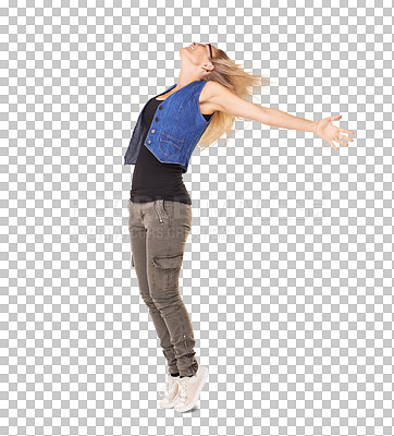 Buy stock photo Freedom, dance and woman stretching arms, balance and celebration, success or dancer with energy. Dancing, body and person with talent, hip hop and streetwear isolated on transparent png background