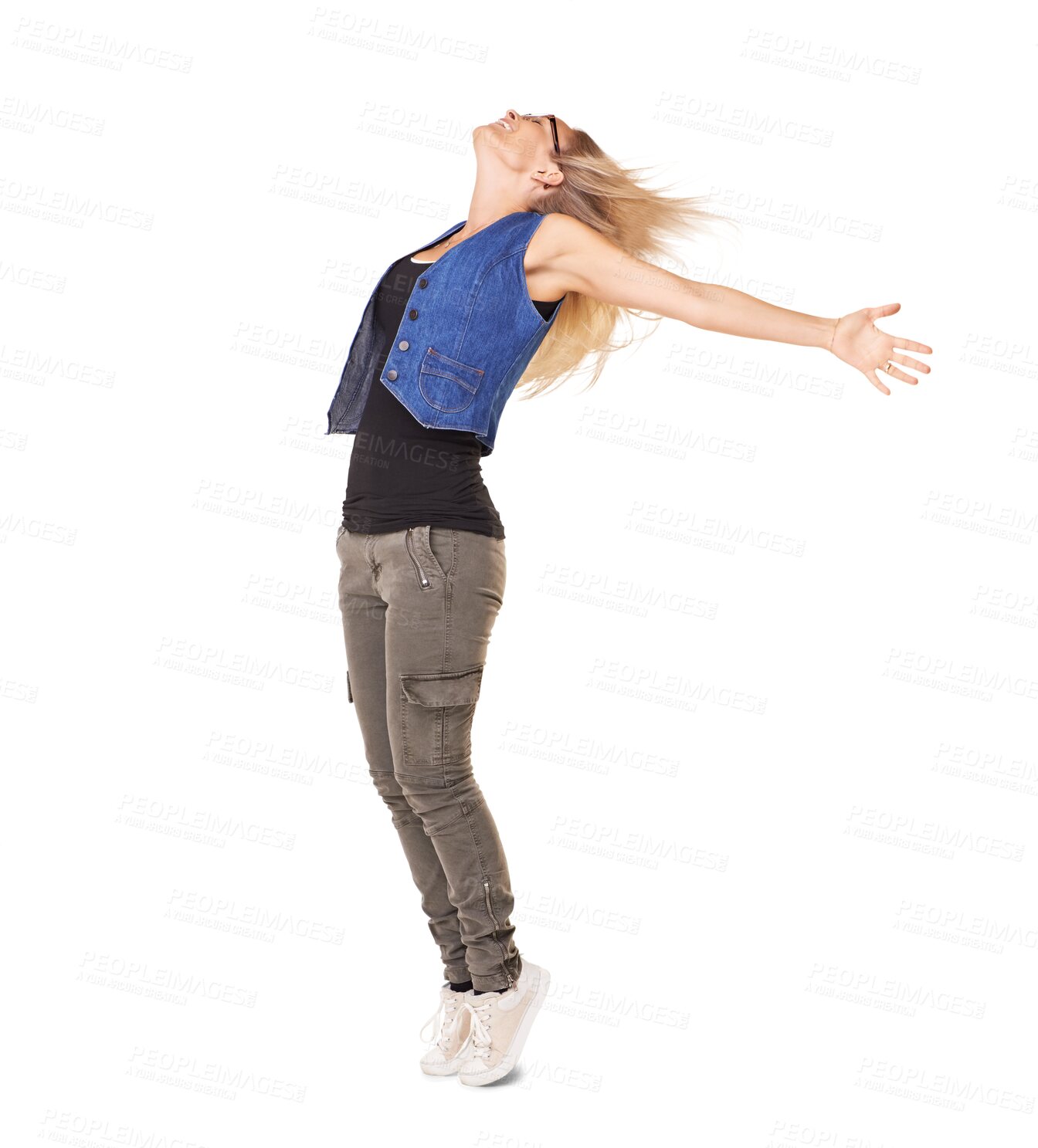 Buy stock photo Freedom, dance and woman stretching arms, balance and celebration, success or dancer with energy. Dancing, body and person with talent, hip hop and streetwear isolated on transparent png background