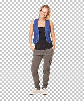 Buy stock photo Model in streetwear, woman in portrait and fashion with confidence isolated on transparent png background. Trendy, stylish and female person in casual style clothes with smile, beauty and positivity