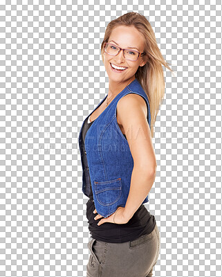 Buy stock photo Happy woman, portrait and smile of glasses standing isolated on transparent PNG background. Female person, lady or young model with spectacles in confidence, hands on hip and casual fashion clothing