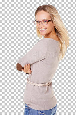 Buy stock photo Happy woman, portrait and glasses with arms crossed isolated on a transparent PNG background. Confident female person, smart lady and young blonde model smile for casual fashion, style and clothing