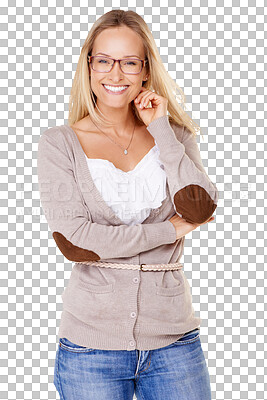 Buy stock photo Woman, happy portrait and casual fashion with a smile and confidence isolated on a transparent, png background. Female person, young and trendy with modern style and elegant clothing with glasses