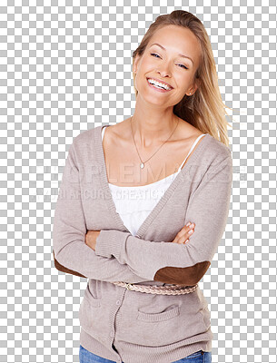 Buy stock photo Happy woman, face and portrait smile with arms crossed in fashion isolated on a transparent PNG background. Confident female person or young model smiling in happiness and standing in casual clothing