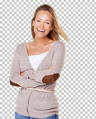 Buy stock photo Happy woman, portrait smile and laughing with arms crossed for funny joke isolated on a transparent PNG background. Confident female person or young model smiling and standing in laugh for fun humor