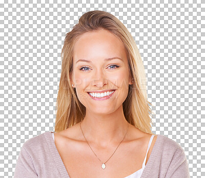 Buy stock photo Happy woman, face and portrait smile for dental care isolated on a transparent PNG background. Female person or young model smiling with teeth for clean tooth whitening, mouth or oral and gum hygiene