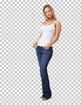 Buy stock photo Isolated woman, portrait and hands in pocket for fashion, trendy style and confident by transparent png background. Blonde girl, model or lady with denim jeans, edgy clothes or confidence with beauty