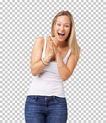 Buy stock photo Woman, wow and portrait with casual fashion and style isolated on a transparent, png background. Youth, surprise and female person with a happy smile and shock with jeans and trendy clothing
