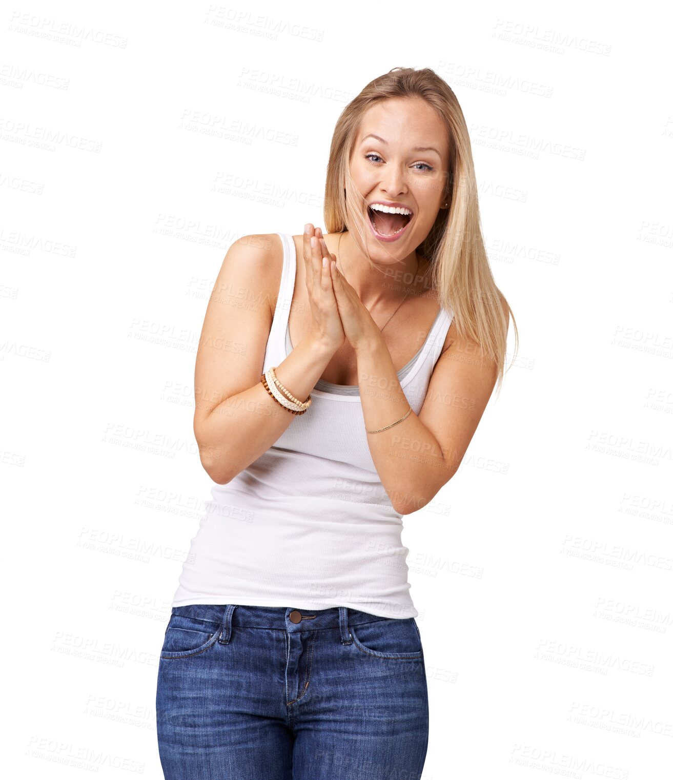 Buy stock photo Woman, wow and portrait with casual fashion and style isolated on a transparent, png background. Youth, surprise and female person with a happy smile and shock with jeans and trendy clothing
