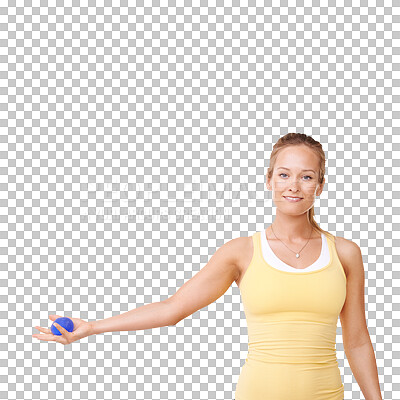 Buy stock photo Stress ball, exercise and portrait of woman on isolated, png and transparent background. Rehabilitation, physical therapy and female person with equipment for muscle workout, training and wellness