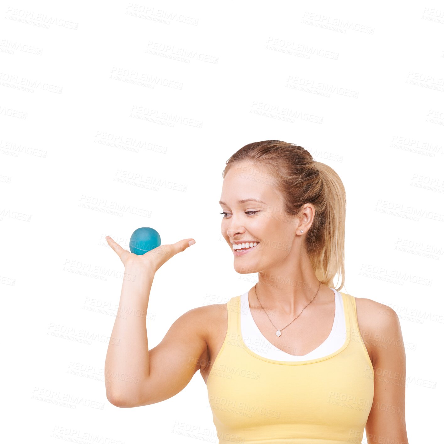 Buy stock photo Stress ball, muscle exercise and woman on isolated, png and transparent background for wellness. Rehabilitation, physical therapy and happy female person for strength workout, training and health