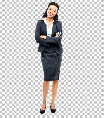 Buy stock photo Entrepreneur, smile and business woman happy and confident isolated in transparent or png background. Corporate, employee and portrait of young person or professional arms crossed for company growth