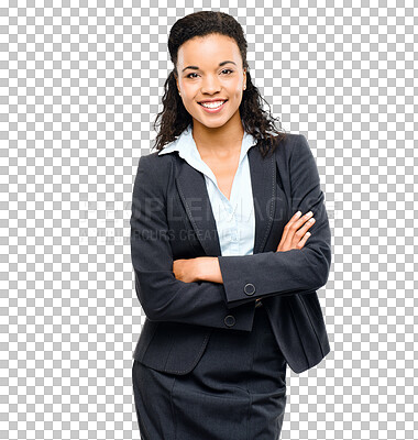 Buy stock photo Business woman, arms crossed and portrait with a smile isolated on transparent png background. African female person as a corporate lawyer with career pride, positive manager and professional style