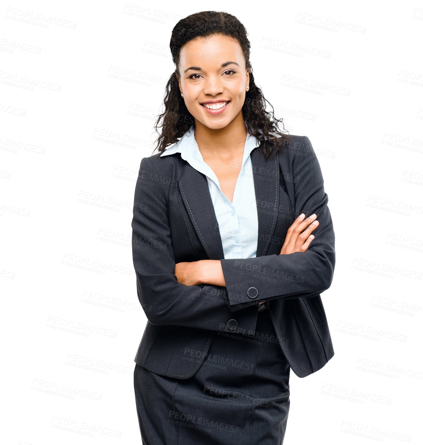 Buy stock photo Business woman, arms crossed and portrait with a smile isolated on transparent png background. African female person as a corporate lawyer with career pride, positive manager and professional style