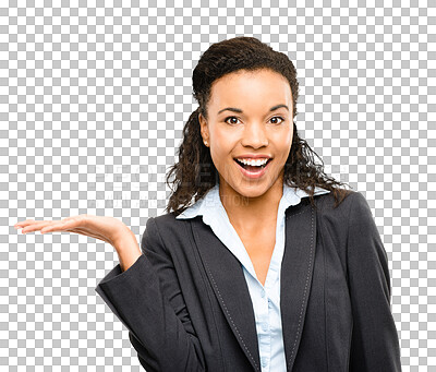 Buy stock photo Business woman, palm and advertising in portrait with smile isolated on transparent, png background. Face of excited african person show hands for corporate announcement, promotion or marketing offer