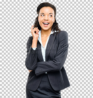 Buy stock photo Business woman, excited and thinking of idea isolated on transparent png background. African female corporate worker with a plan, solution or decision of choice, inspiration and professional vision