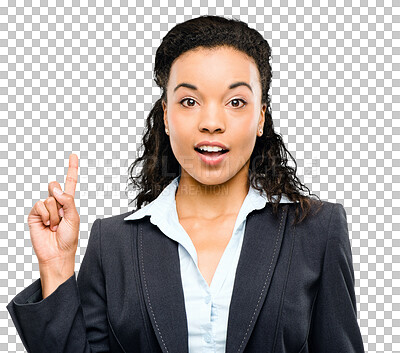 Buy stock photo Business woman, portrait and pointing to ideas with surprise announcement or advertising isolated on transparent png background. Professional female, marketing and employee with surprise face or news