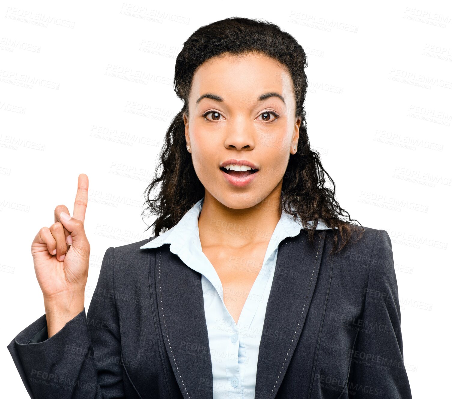 Buy stock photo Business woman, portrait and pointing to ideas with surprise announcement or advertising isolated on transparent png background. Professional female, marketing and employee with surprise face or news