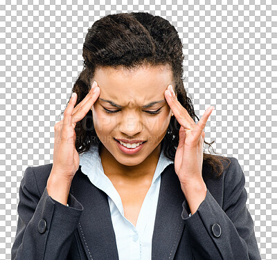 Buy stock photo Isolated, african businesswoman and headache with stress, worry and anxiety by transparent png background. Business woman, fatigue and frustrated with pain in head for job, mental health or mistake