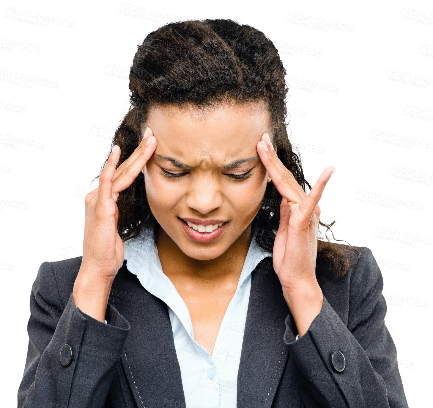 Buy stock photo Isolated, african businesswoman and headache with stress, worry and anxiety by transparent png background. Business woman, fatigue and frustrated with pain in head for job, mental health or mistake