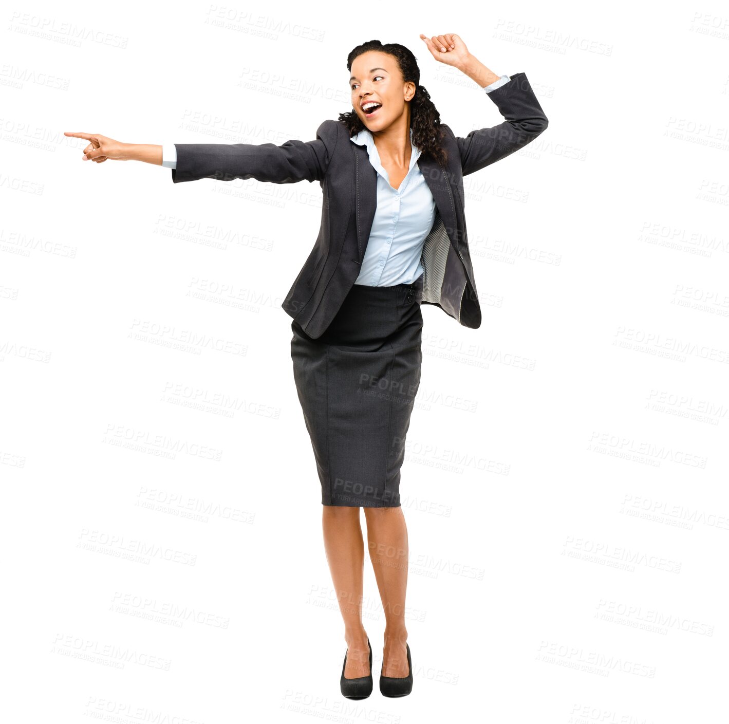 Buy stock photo Business woman, excited and pointing with finger at marketing isolated on a transparent png background. African female person with hand sign for advertising promotion, deal announcement and direction