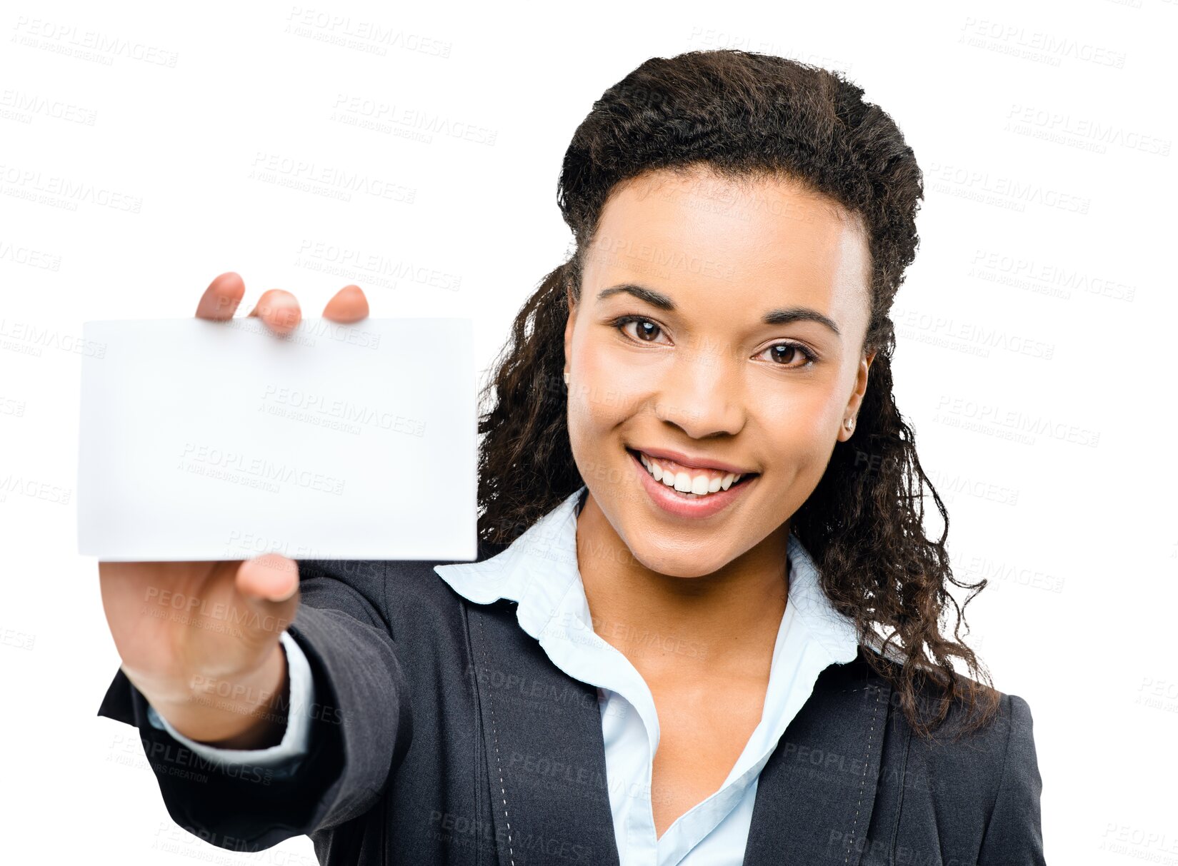 Buy stock photo Woman, business card and mockup portrait with a smile isolated on a transparent, png background. African female person as a professional lawyer with paper for corporate advice, contact us and space