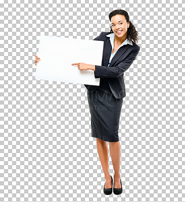 Buy stock photo Isolated African businesswoman, blank poster and point with smile, promotion and transparent png background. Young business woman, mockup space and happy with paper review, opinion or recruitment