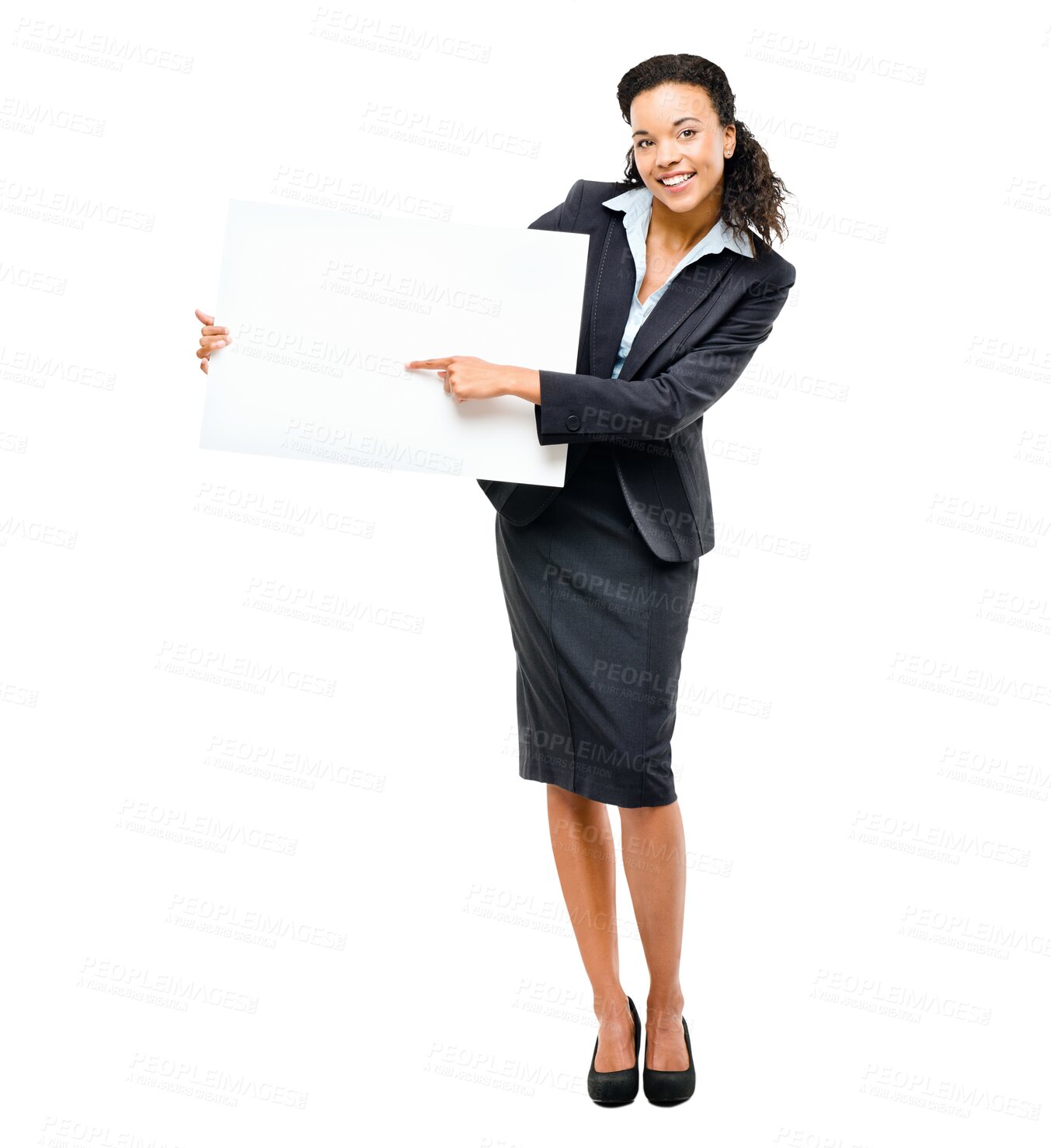 Buy stock photo Isolated African businesswoman, blank poster and point with smile, promotion and transparent png background. Young business woman, mockup space and happy with paper review, opinion or recruitment
