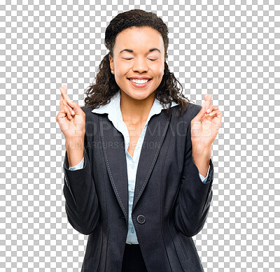 Buy stock photo Business woman, fingers crossed and wish for good luck isolated on transparent png, background. African female person with hand sign, emoji and eyes closed for deal, hope or job success and results