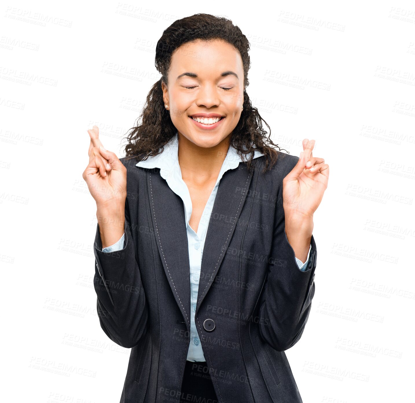 Buy stock photo Business woman, fingers crossed and wish for good luck isolated on transparent png, background. African female person with hand sign, emoji and eyes closed for deal, hope or job success and results